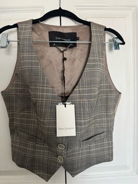 Tara Jarmon Plaid Tailored Vest in Brown and Tan